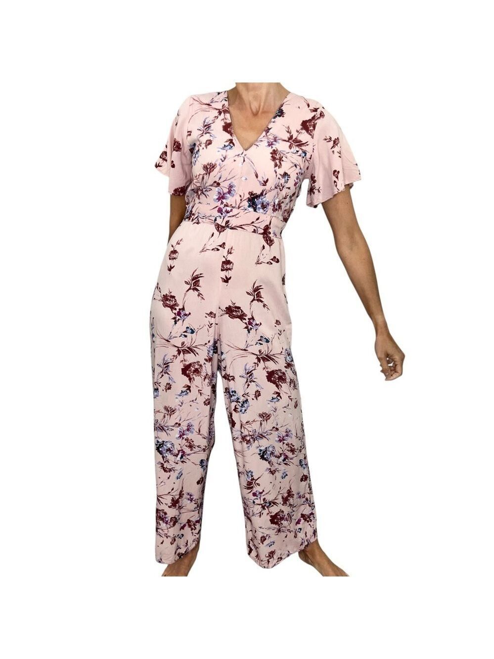 Angie pink wine floral lightweight wide leg flutter sleeve one piece jumpsuit S